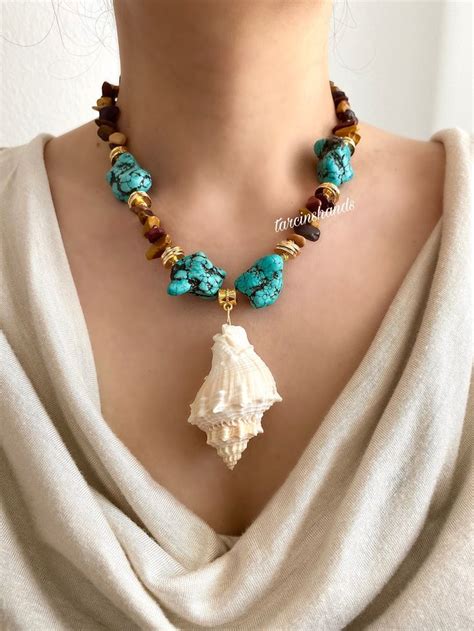 Turquoise And Mookaite Jasper Real Conch Seashell Necklace Chunky Beach