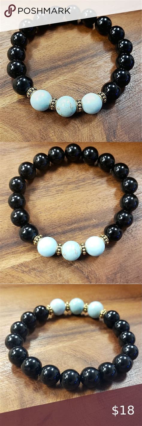 Cream Blue Turquoise Black Onyx Beads Bracelet Beaded Bracelets