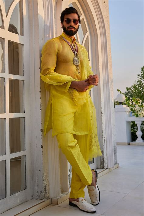 Buy Yellow Organza Embroidered Gota Floral Jacket Pant Set For Men By