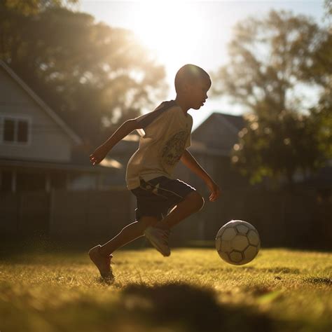 Um Menino De Camisa Amarela Est Jogando Futebol Uma Bola Foto