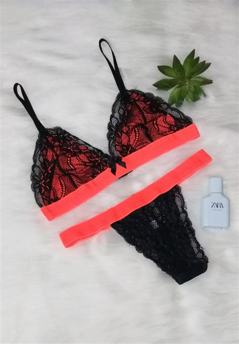 Conjunto de Renda sem bojo sensual blogueira Lingerie elástico Neon