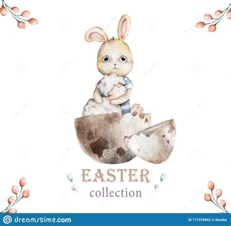 Hand Drawn Watercolor Happy Easter Set With Two Bunnies With Sheep And