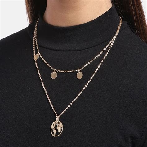 Buy Oomph Gold Tone Link Chain World Globe Medalion Multi Layer