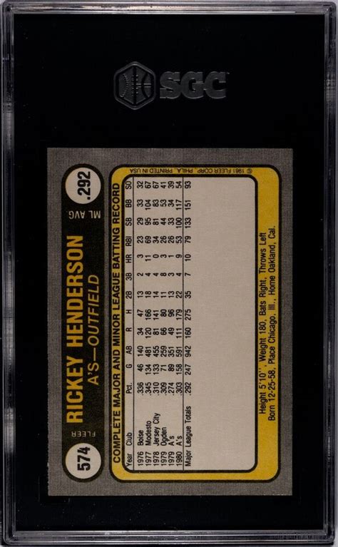 1981 Fleer Rickey Henderson HOF 574 SGC 10 GEM MINT MLB Athletics Pop