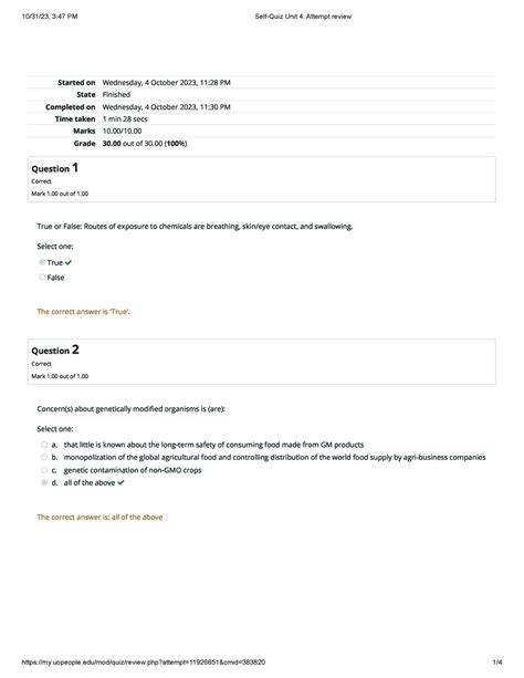 Self Quiz Unit 4 ENVS 1301 Started On Wednesday 4 October 2023 11