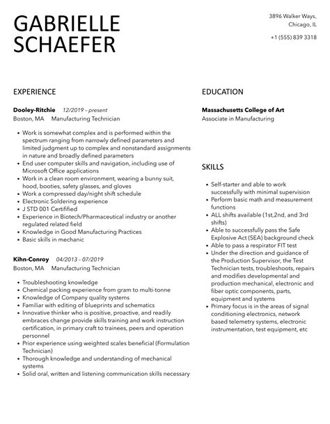 Manufacturing Technician Resume Samples Velvet Jobs