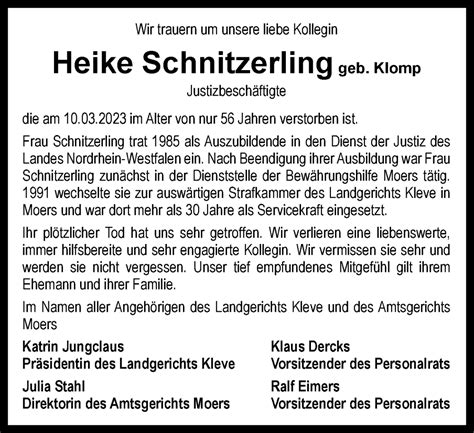 Traueranzeigen Von Heike Schnitzerling Trauer In NRW De