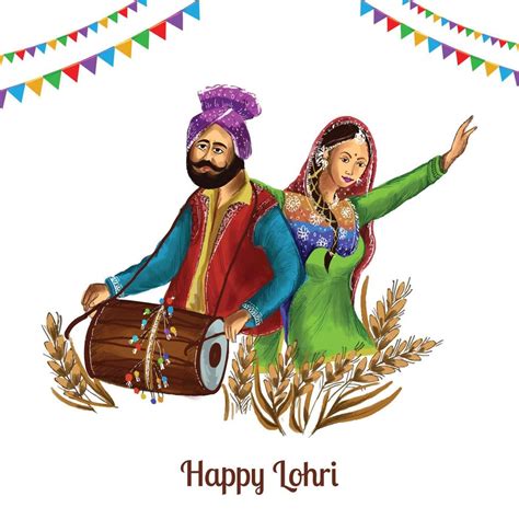 Happy Lohri With Young Couple Doing Bhangra Dance And Dhol Instrument