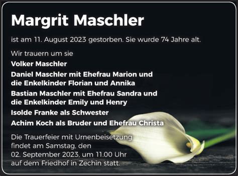 Traueranzeigen von Margrit Maschler Märkische Onlinezeitung Trauerportal