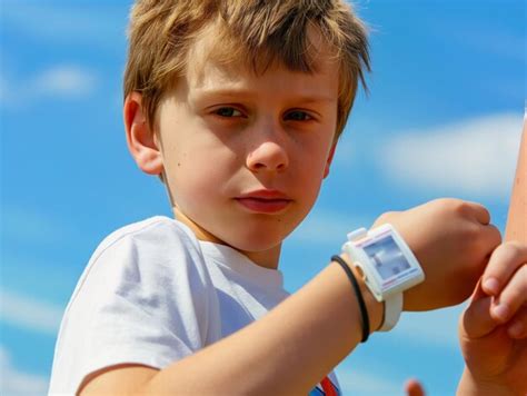 Diabetic boy wearing a continuous glucose monitoring sensor on his arm ...