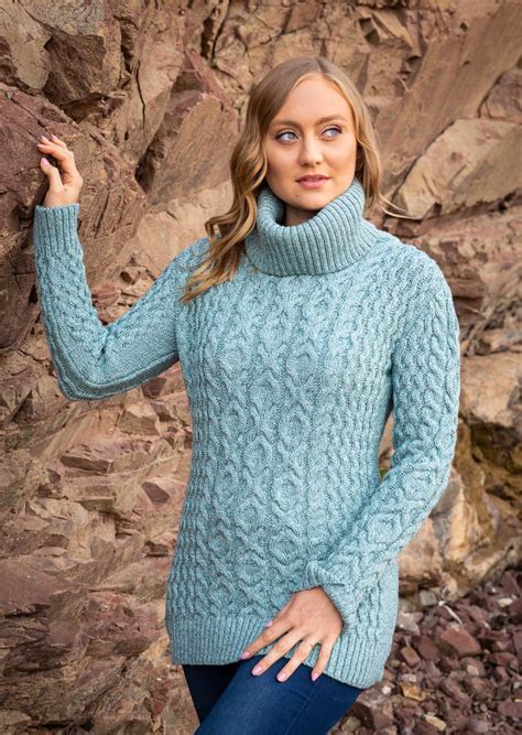 Aran Cowl Neck Aqua Merino Wool Sweater Skellig T Store