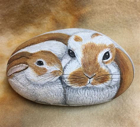 Rabbits 🐰 Cuddle Handpainted On Stone Painted Rock Animals Bunny