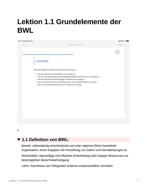 Lektion 1 Zusammenfassung Des Ersten Abschnitts Grundlagen Der BWL