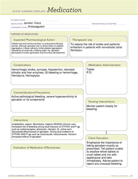 Apixaban Eliquis Med Card Active Learning Templates Therapeutic