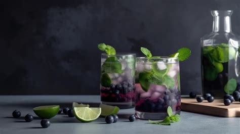 Cóctel alcohólico de verano mojito de arándanos con ron ilustración ai