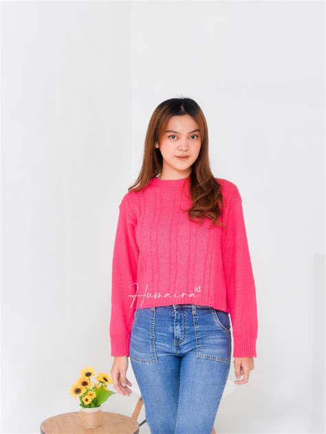 Jual Hana Motif Cable Sweater Rajut Wanita Crop Baju Rajut Atasan