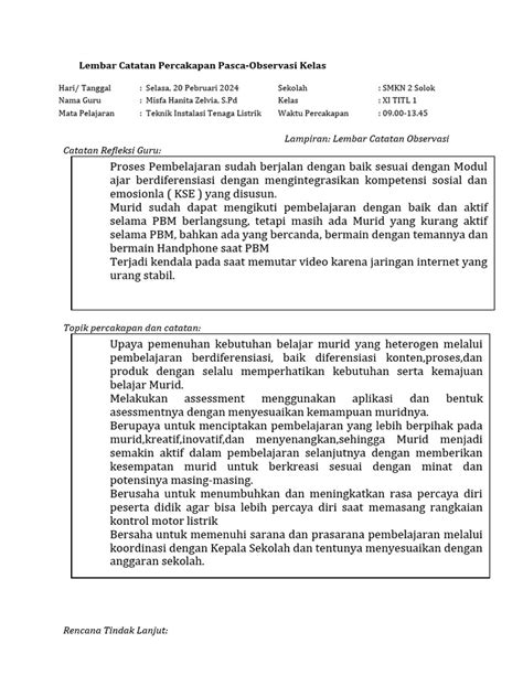 3 Lembar Catatan Percakapan Pasca Observasi Kelas Pdf