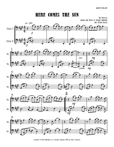 Here Comes The Sun Arr Alison Gillies By The Beatles Sheet Music For Cello Duet At Sheet