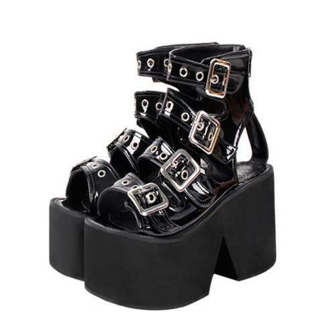 Womens Fashion Punk Peep Toe Buckle Strap Sandals Chunky Mid Heels Punk