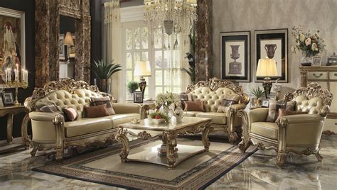 Bone Pu Gold Patina Sofa Set Pcs Vendome Acme Traditional