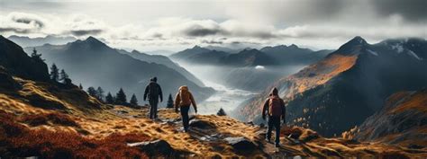 Premium Photo Group Of Four Hikers With Backpacks Walks In Mountains