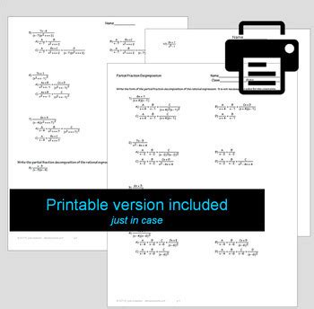 Partial Fraction Decomposition Digital Self Grading Activity With Printable