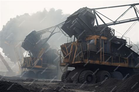 Premium AI Image | Closeup of coal mining equipment with smoke and dust in the air created with ...