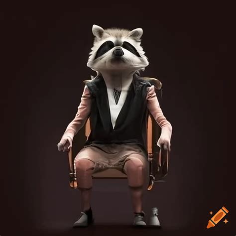 Humanoid Racoon Dress In Gangsta Clothing Sitting Chair Like A Boss