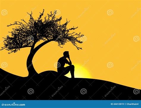 Man Sitting Alone Under A Tree On A Mountain At Sunset Stock Vector