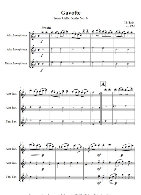 Bach Gavotte From Cello Suite No 6 Sheet Music For 2 Altos Tenor Sax