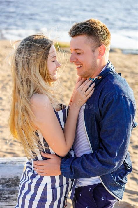 Happy Romantic Couple in Love on Sandy Beach with Sea Stock Photo - Image of boyfriend, positive ...