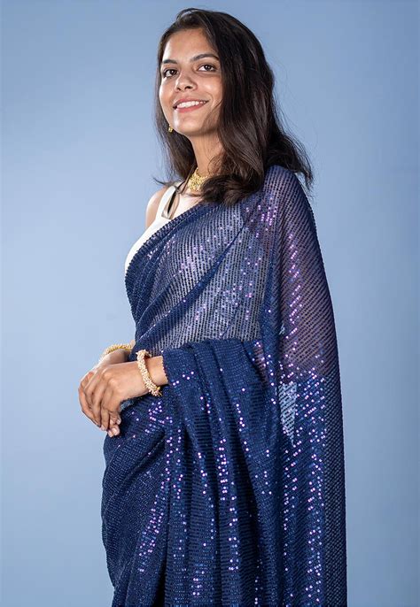 Buy Sequinned Lycra Elastane Net Saree In Dark Blue Online Sjn