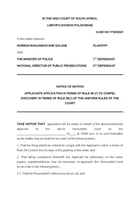 Notice Of Motion To Compel Discovery In The High Court Of South