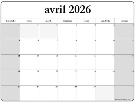 Avril 2026 Calendrier Imprimable Calendrier Gratuit