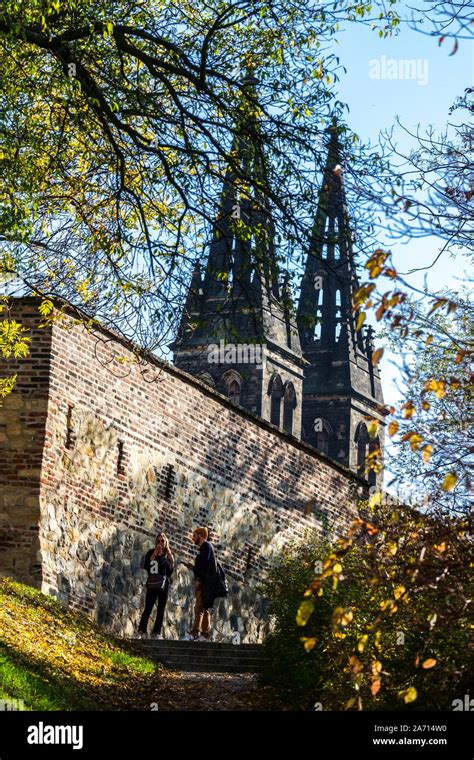 Basilica Prague Vysehrad Castle fort in autumn park Czech Republic ...