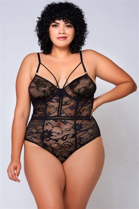 Plus Size Black Ruched Mesh Teddy Spicy Lingerie