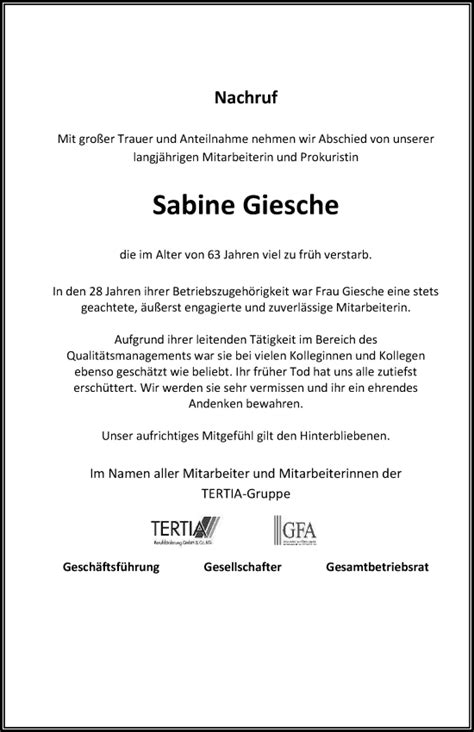 Traueranzeigen Von Sabine Giesche Ga Trauer De