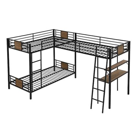 Anbazar Metal L Shape Triple Bunk Bed Twin Over Twin Bunk Bed Attached