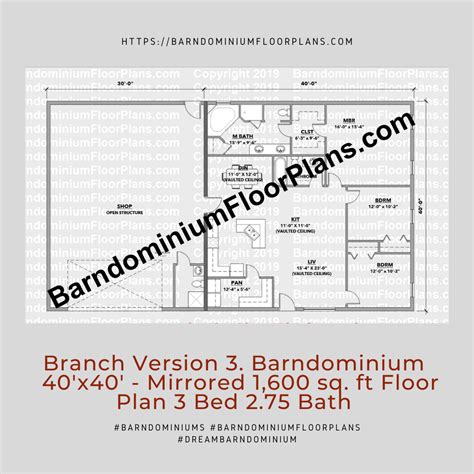 Branch 40 wide 3 Bedroom Barndominium Floor Plan Versions ...