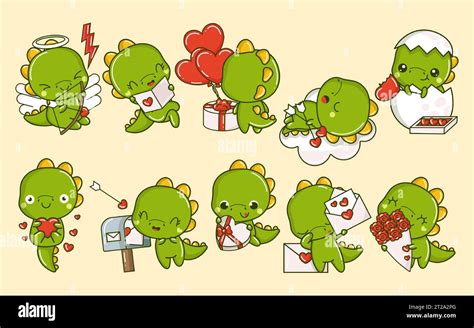 Set Of Cartoon Kawaii Dino Illustrations In Love Collection Of Cute