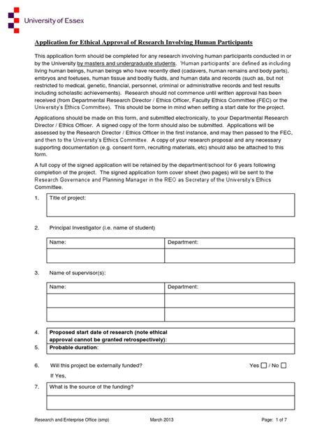 Student Application For Ethical Approval Form Institutional Review