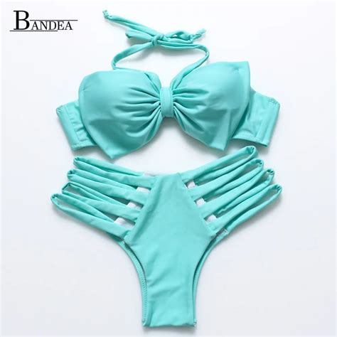 Brazilian 2016 Sexy Bikinis With Bow Bandage Cut Out Solid Push Up