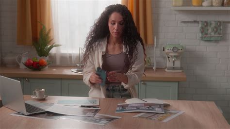 Tired Stressed Hispanic Woman Girl Latina Female Caucasian Lady Homeowner At Home Kitchen With