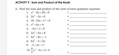 Solved ACTIVITY 9 Sum And Product Of The Roots A Find The Sum And