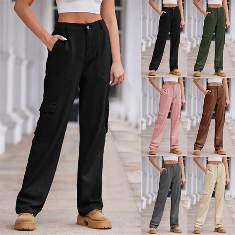 Utoimkio Clearance Womens Straight Leg Denim Cargo Pants High Waisted Casual Loose Lounge Pants