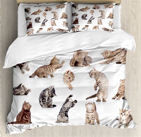 Cat Duvet Cover Set Illustration Of Funny Playful Cats On White