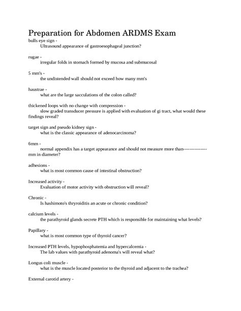 Preparation For Abdomen Ardms Exam Exams Medicine Docsity