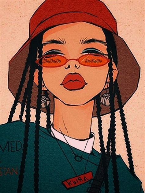 A Drawing Of A Woman With Braids Wearing Red Glasses And A Hat On Her Head