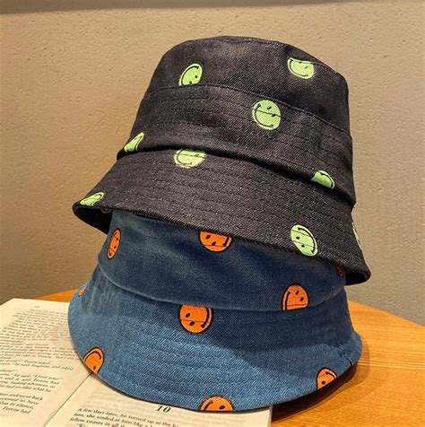 Smiley Face Bucket Hat Sun Protection Denim Hat Fashion Sun Etsy