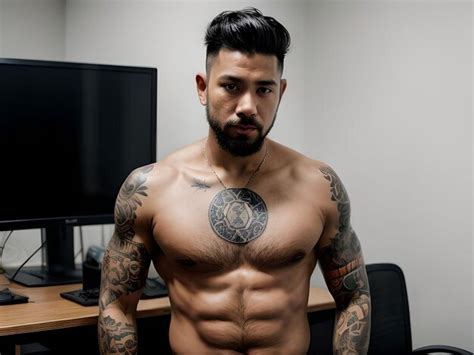 Chico Musculoso Masculino Sin Camisa Con Tatuajes Y Barba Mirando A La